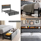 Modern Tufted Metal Platform Bed Storage Headboard & LED Lights