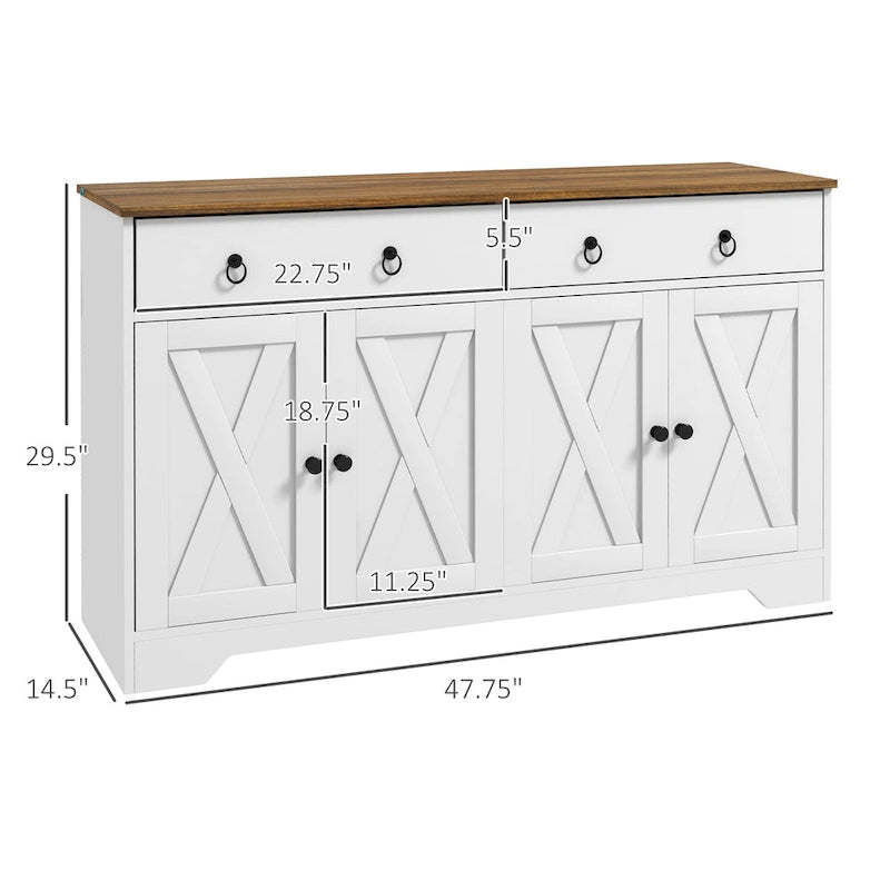 HOMCOM Sideboard, Buffet Cabinet with 2 Drawers, 2Storage Cabinets, 4 Barn-Style Doors and Adjustable Shelves, White