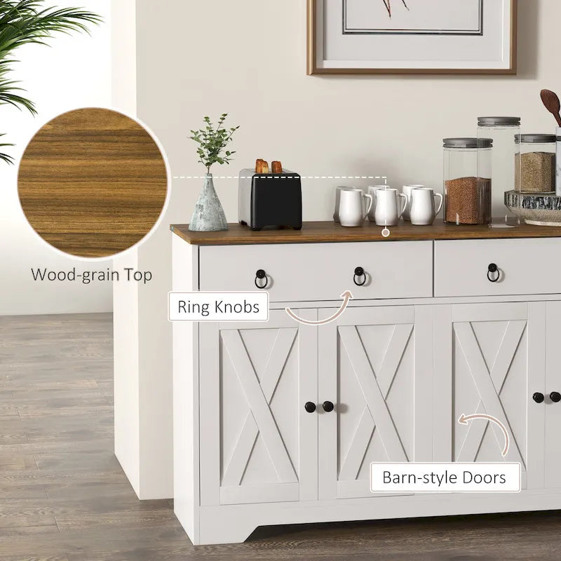 HOMCOM Sideboard, Buffet Cabinet with 2 Drawers, 2Storage Cabinets, 4 Barn-Style Doors and Adjustable Shelves, White