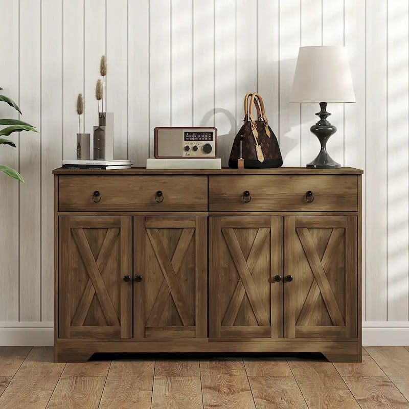 HOMCOM Sideboard, Buffet Cabinet with 2 Drawers, 2Storage Cabinets, 4 Barn-Style Doors and Adjustable Shelves, White