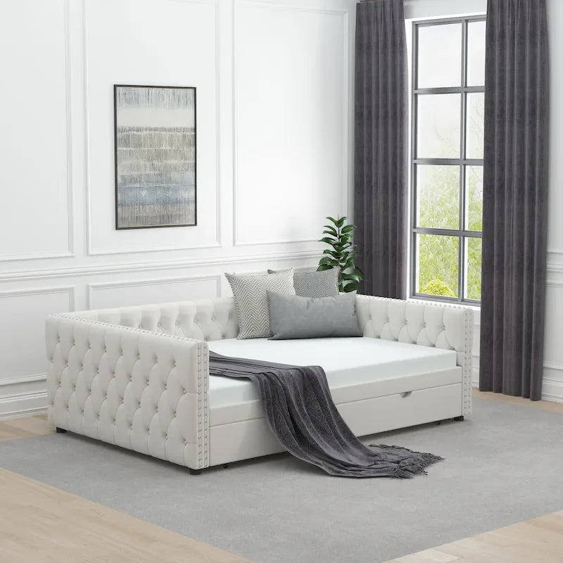 Daybed with Trundle Velvet Upholstered Tufted Sofa Bed, with Button and Copper Nail onSquare Arms,Full Daybed & Twin Trundle