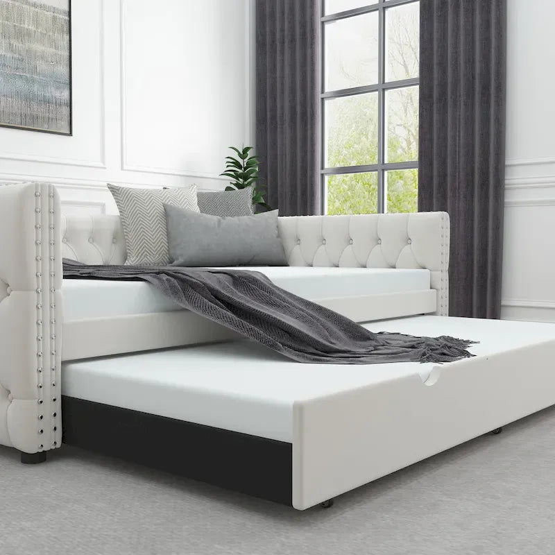 Daybed with Trundle Velvet Upholstered Tufted Sofa Bed, with Button and Copper Nail onSquare Arms,Full Daybed & Twin Trundle