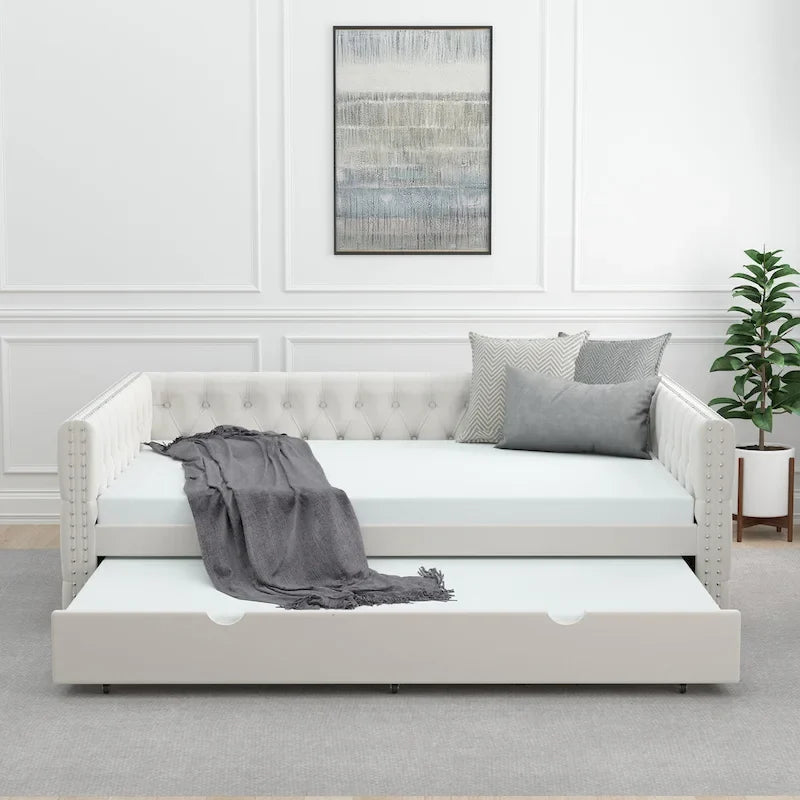 Daybed with Trundle Velvet Upholstered Tufted Sofa Bed, with Button and Copper Nail onSquare Arms,Full Daybed & Twin Trundle