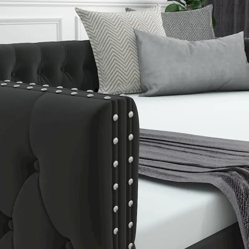 Daybed with Trundle Velvet Upholstered Tufted Sofa Bed, with Button and Copper Nail onSquare Arms,Full Daybed & Twin Trundle