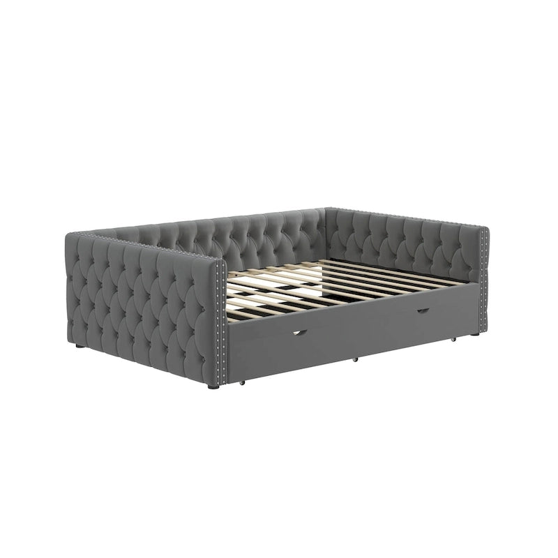 Daybed with Trundle Velvet Upholstered Tufted Sofa Bed, with Button and Copper Nail onSquare Arms,Full Daybed & Twin Trundle