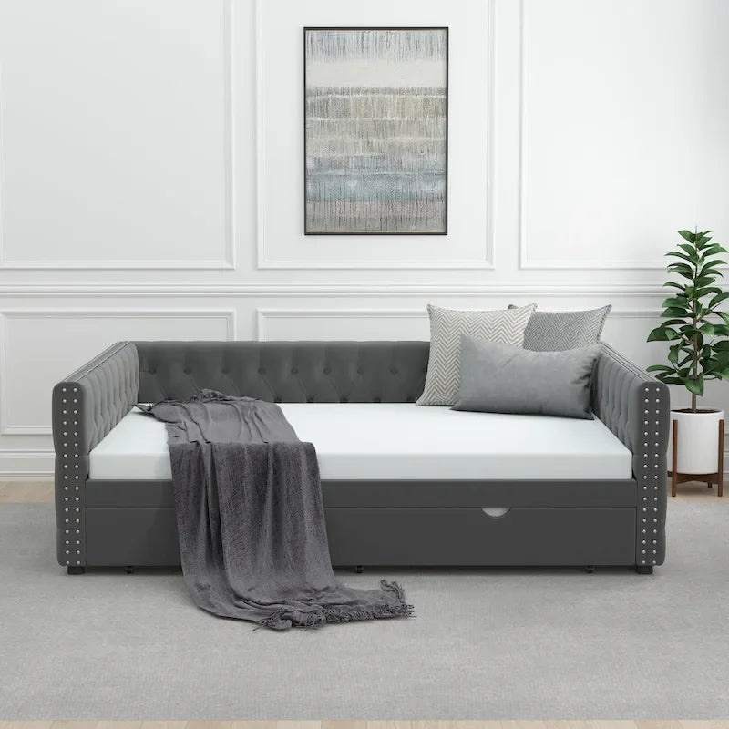 Daybed with Trundle Velvet Upholstered Tufted Sofa Bed, with Button and Copper Nail onSquare Arms,Full Daybed & Twin Trundle