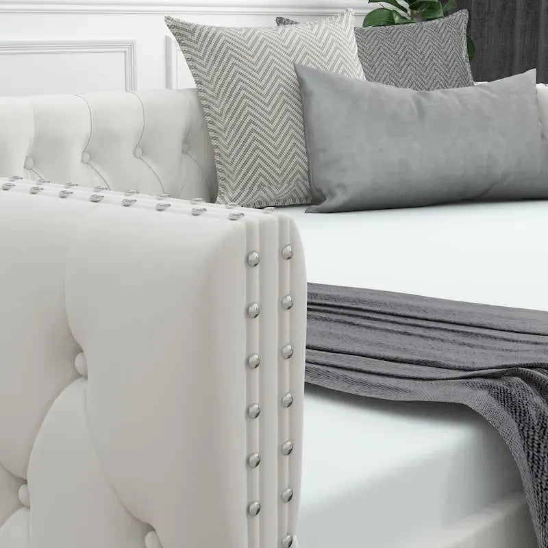 Daybed with Trundle Velvet Upholstered Tufted Sofa Bed, with Button and Copper Nail onSquare Arms,Full Daybed & Twin Trundle
