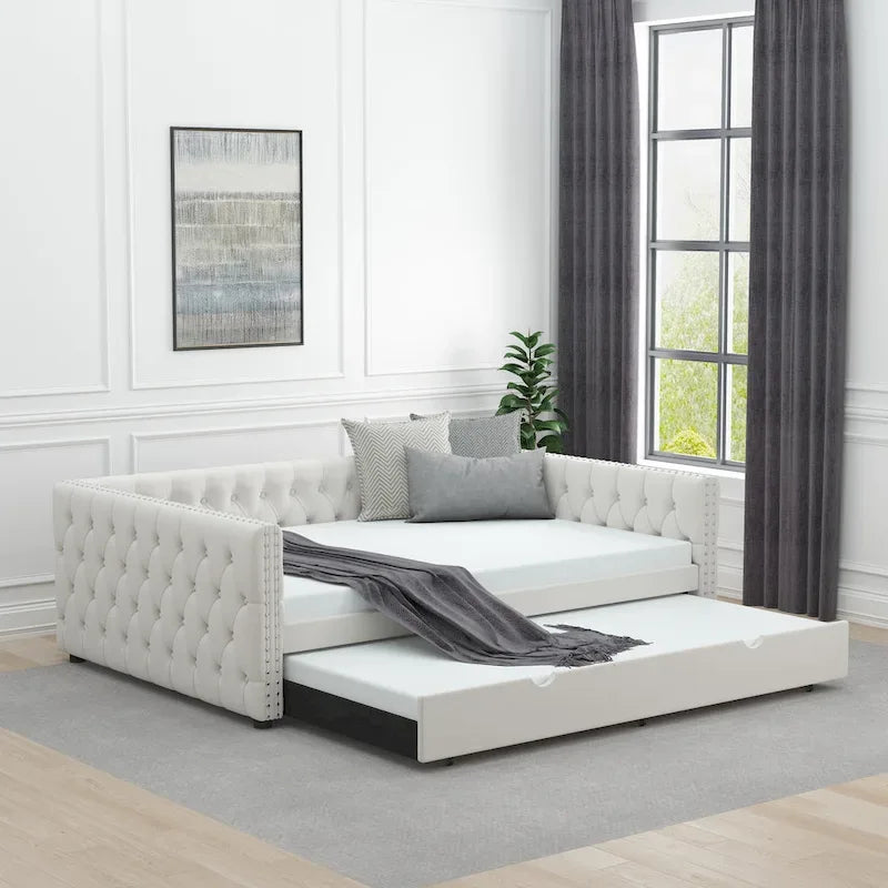 Daybed with Trundle Velvet Upholstered Tufted Sofa Bed, with Button and Copper Nail onSquare Arms,Full Daybed & Twin Trundle