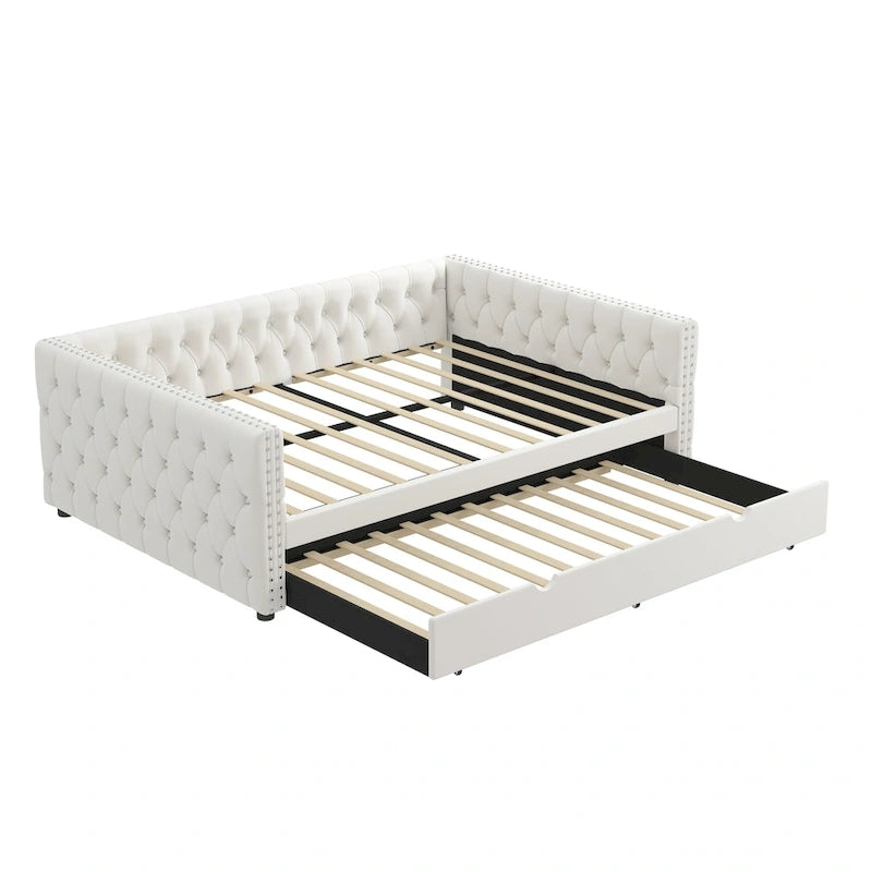 Daybed with Trundle Velvet Upholstered Tufted Sofa Bed, with Button and Copper Nail onSquare Arms,Full Daybed & Twin Trundle