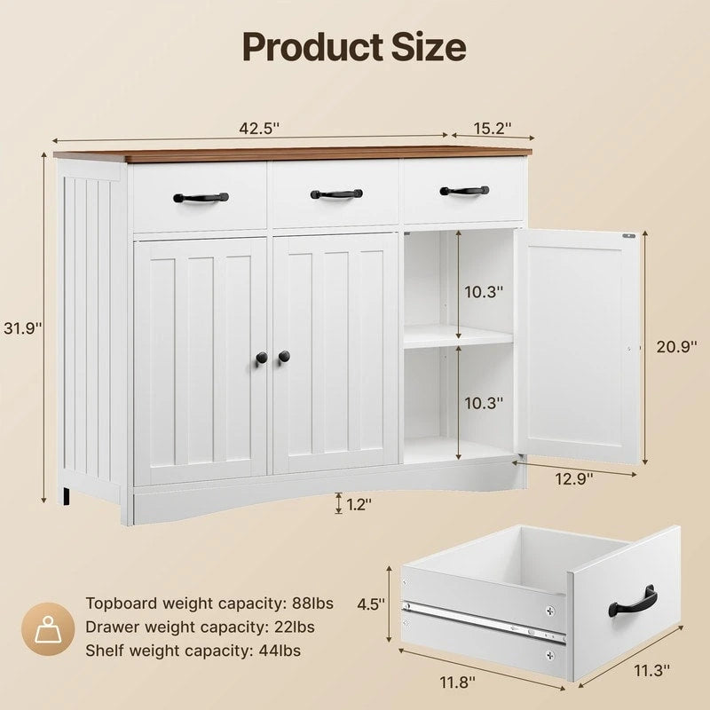 42.5 Farmhouse Buffets Sideboard, Modern Wood Kitchen Storage Cabinet with Adjustable Shelf