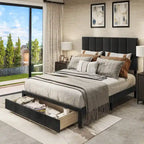 Square Velvet Upholstered Headboard Platform Bed Frame With End of Bed Storage Box