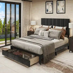 Square Velvet Upholstered Headboard Platform Bed Frame With End of Bed Storage Box