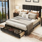 Square Velvet Upholstered Headboard Platform Bed Frame With End of Bed Storage Box