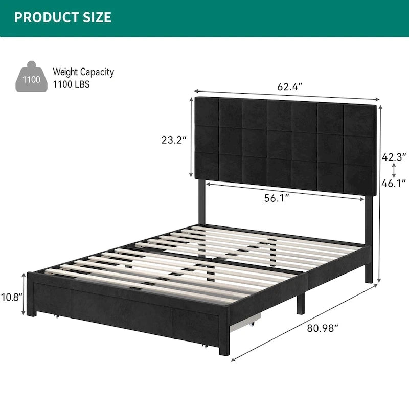 Square Velvet Upholstered Headboard Platform Bed Frame With End of Bed Storage Box