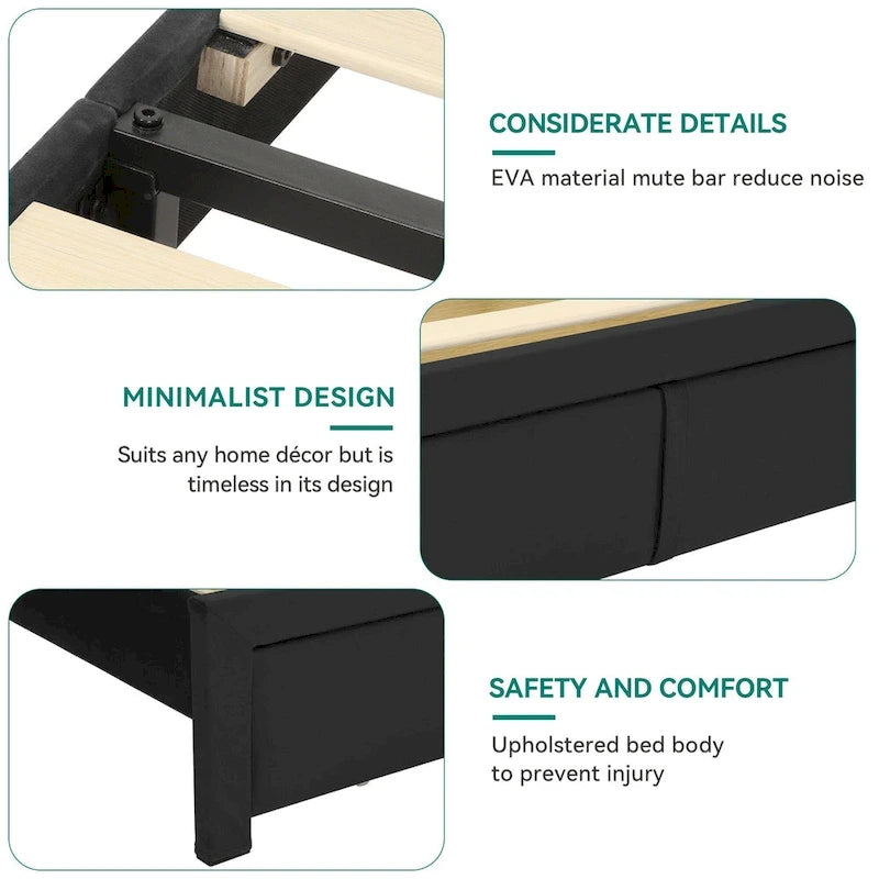 Square Velvet Upholstered Headboard Platform Bed Frame With End of Bed Storage Box