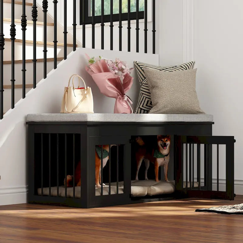 Chic Pet Haven: Luxe Wooden Dog Crate & Designer Home Bench - 47.2