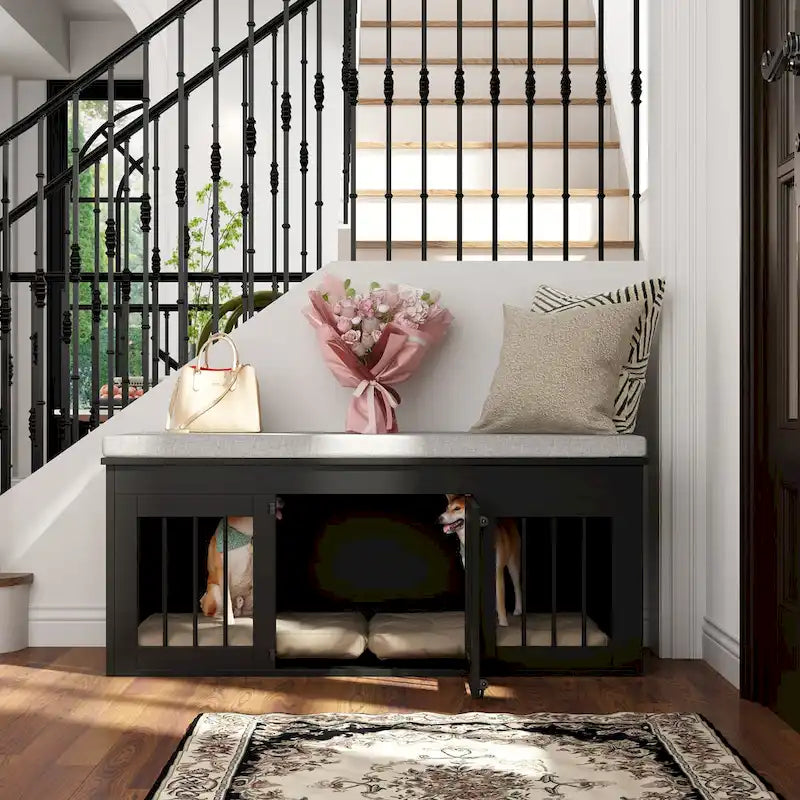 Chic Pet Haven: Luxe Wooden Dog Crate & Designer Home Bench - 47.2