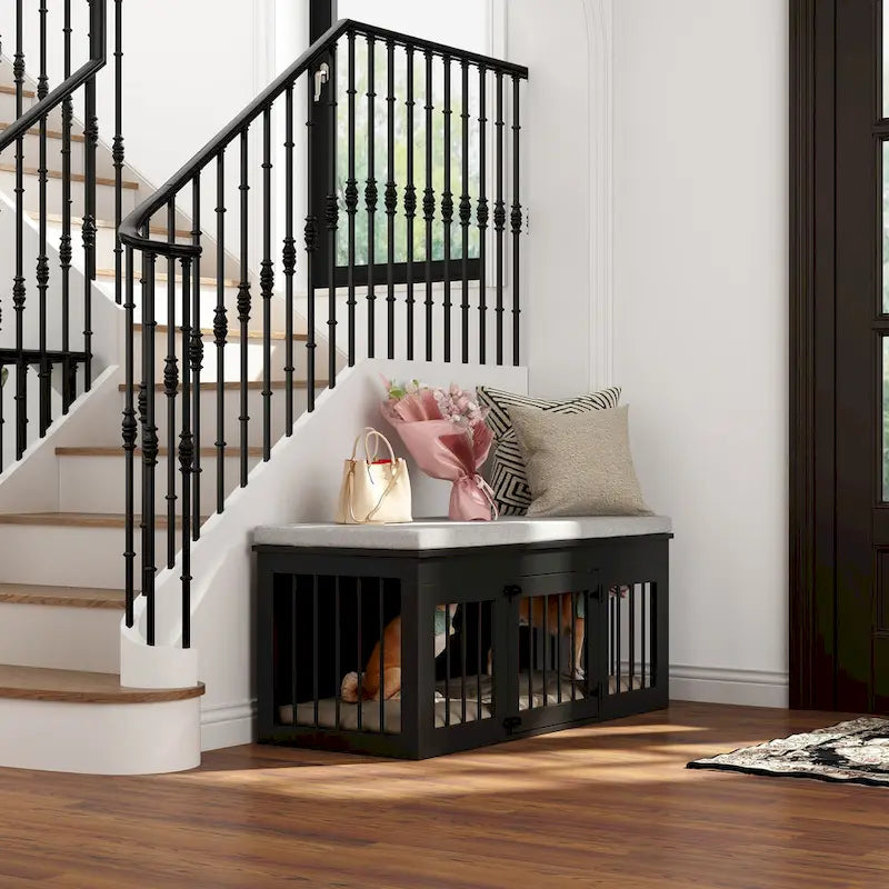 Chic Pet Haven: Luxe Wooden Dog Crate & Designer Home Bench - 47.2