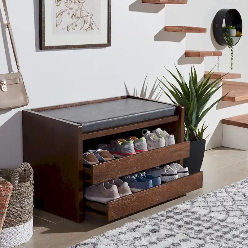 SAFAVIEH Roseanna Shoe Storage Bench Oak / Beige - 34 W x 18 D x 21 H - 34Wx18Dx21H