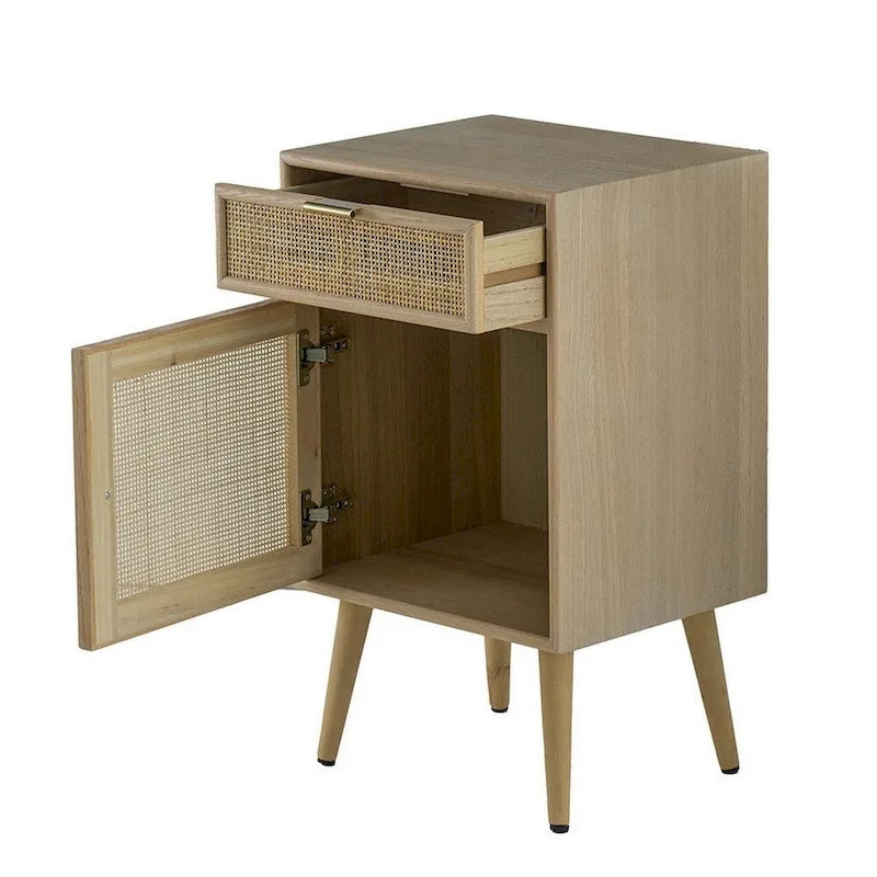 28 Inch Accent Cabinet, 1 Drawer, Pine, Woven Rattan Design - 28 H x 13.5 W x 16.5 L Inches