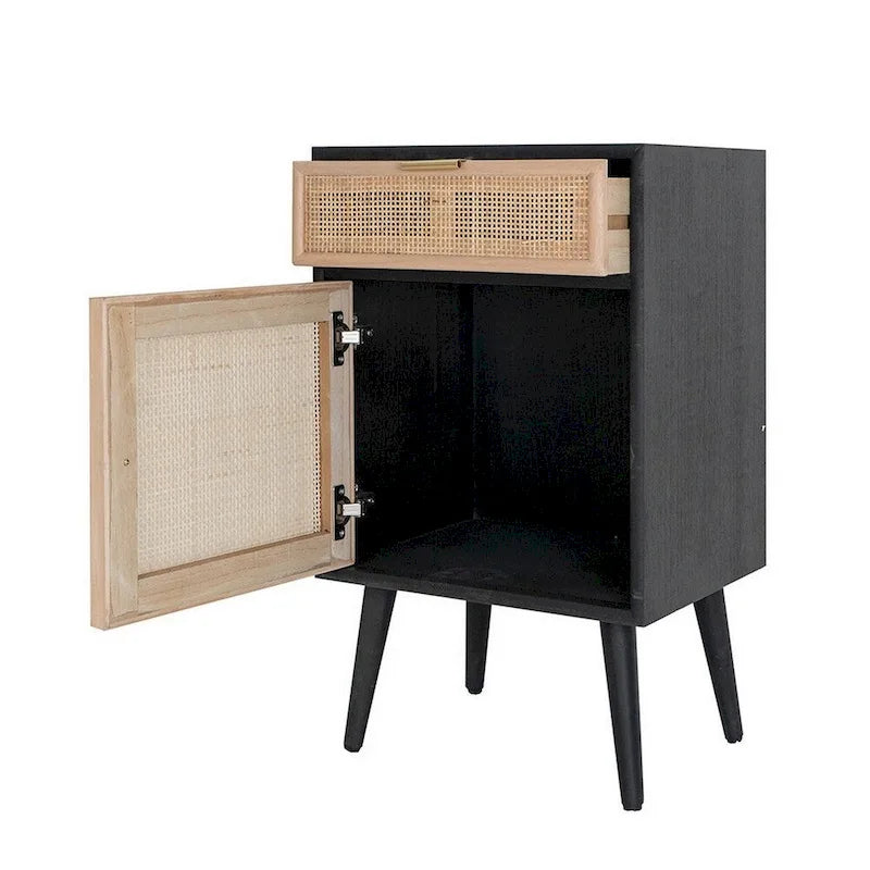 28 Inch Accent Cabinet, 1 Drawer, Pine, Woven Rattan Design - 28 H x 13.5 W x 16.5 L Inches