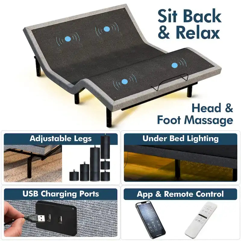 Renanim Zero Gravity Adjustable Bed Frame with 14 Memory Foam Mattress, Dual Massage, USB, Under Bed Light, Remote, App Control