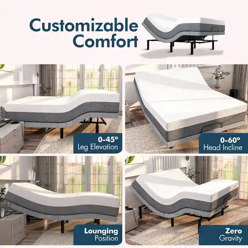 Renanim Zero Gravity Adjustable Bed Frame with 14 Memory Foam Mattress, Dual Massage, USB, Under Bed Light, Remote, App Control