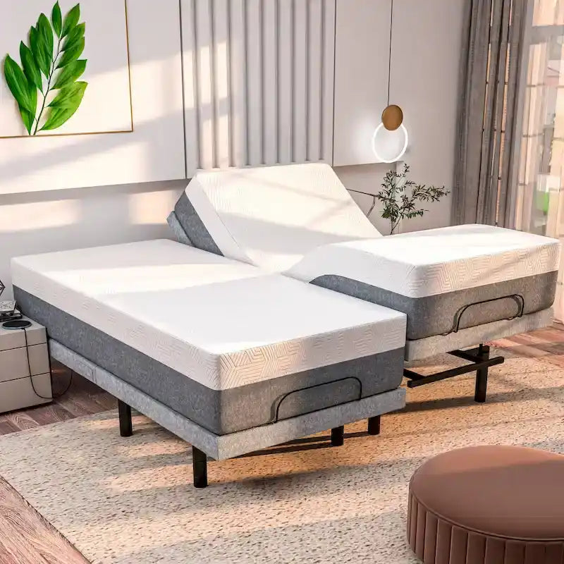 Renanim Zero Gravity Adjustable Bed Frame with 14 Memory Foam Mattress, Dual Massage, USB, Under Bed Light, Remote, App Control