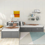 L-shaped Platform Bed with Trundle and Drawers Linked with built-in Desk,Twin