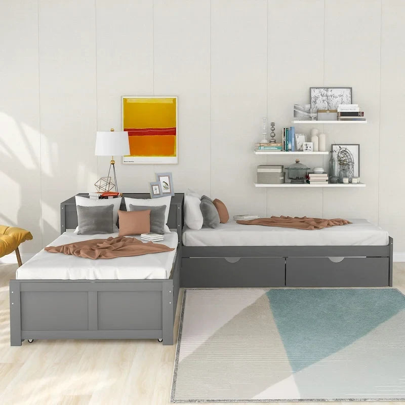 L-shaped Platform Bed with Trundle and Drawers Linked with built-in Desk,Twin