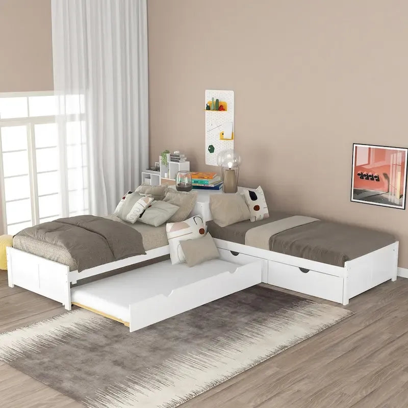 L-shaped Platform Bed with Trundle and Drawers Linked with built-in Desk,Twin
