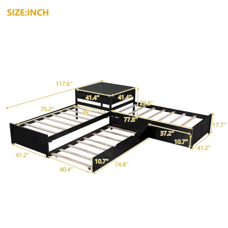 L-shaped Platform Bed with Trundle and Drawers Linked with built-in Desk,Twin