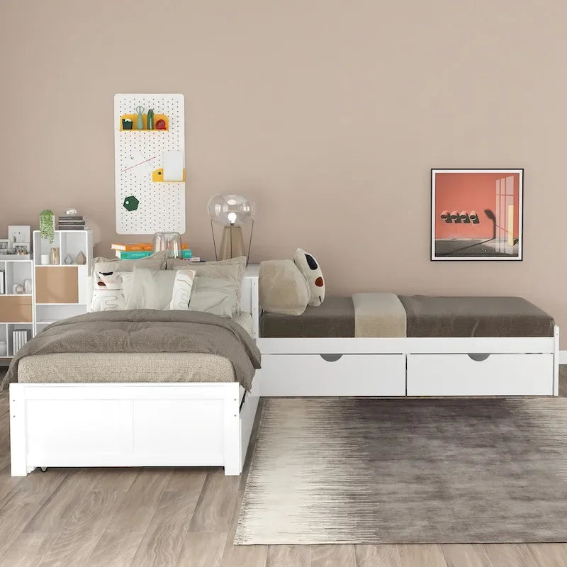 L-shaped Platform Bed with Trundle and Drawers Linked with built-in Desk,Twin