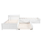 L-shaped Platform Bed with Trundle and Drawers Linked with built-in Desk,Twin