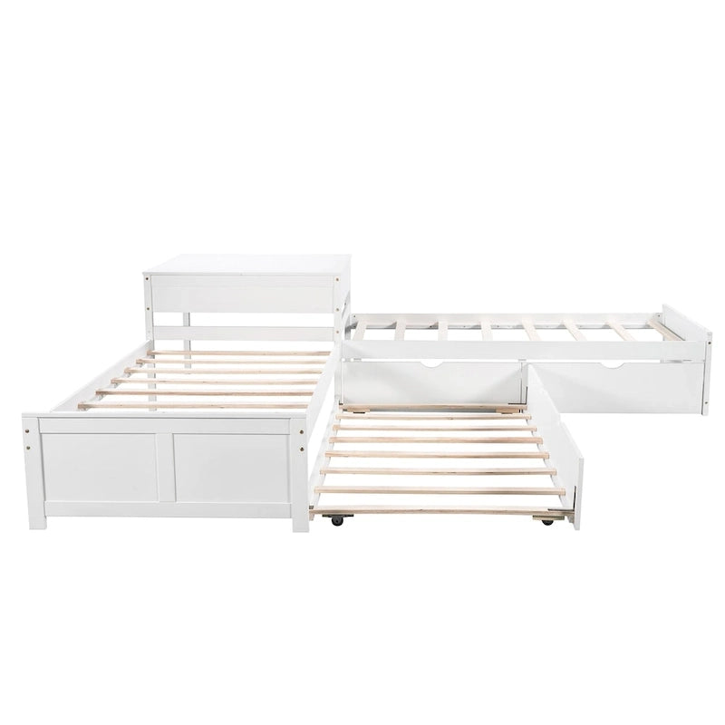 L-shaped Platform Bed with Trundle and Drawers Linked with built-in Desk,Twin