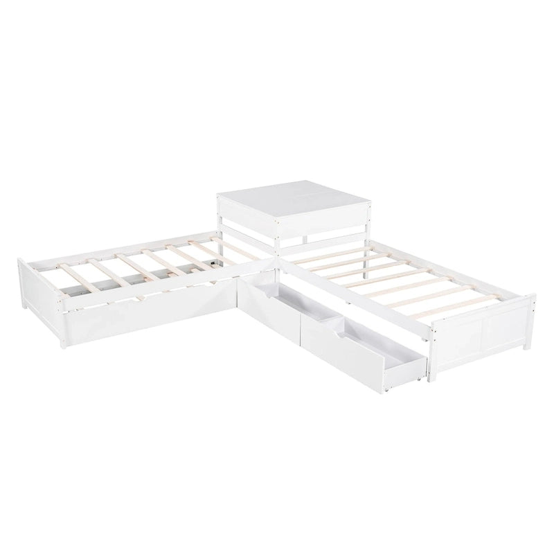 L-shaped Platform Bed with Trundle and Drawers Linked with built-in Desk,Twin