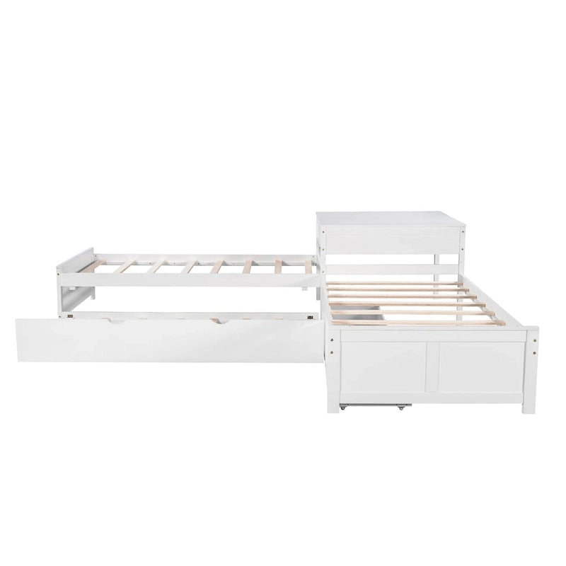 L-shaped Platform Bed with Trundle and Drawers Linked with built-in Desk,Twin
