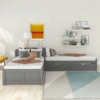 L-shaped Platform Bed with Trundle and Drawers Linked with built-in Desk,Twin