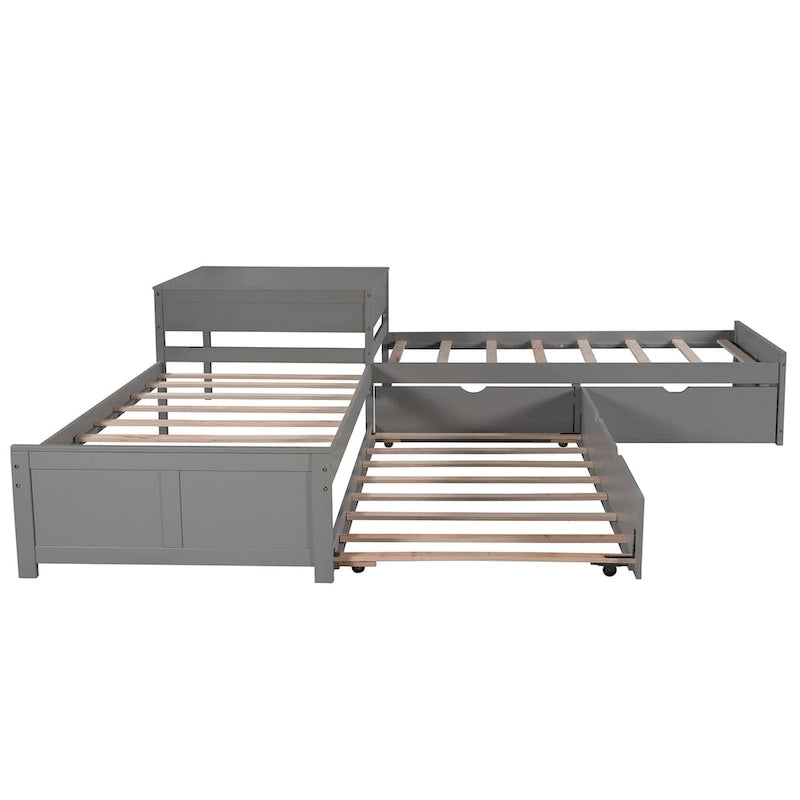 L-shaped Platform Bed with Trundle and Drawers Linked with built-in Desk,Twin