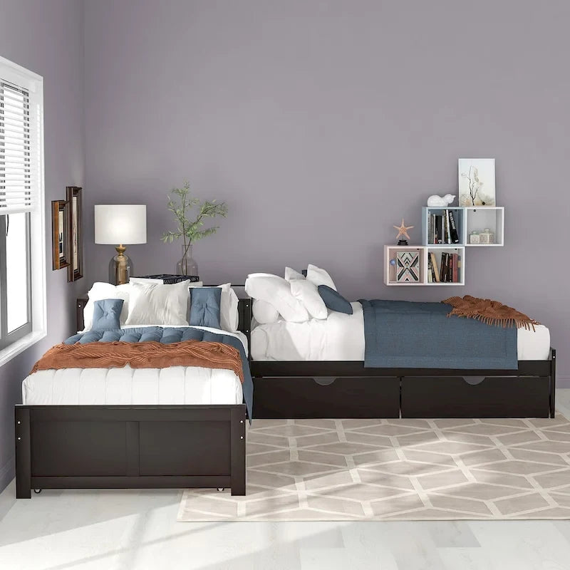 L-shaped Platform Bed with Trundle and Drawers Linked with built-in Desk,Twin