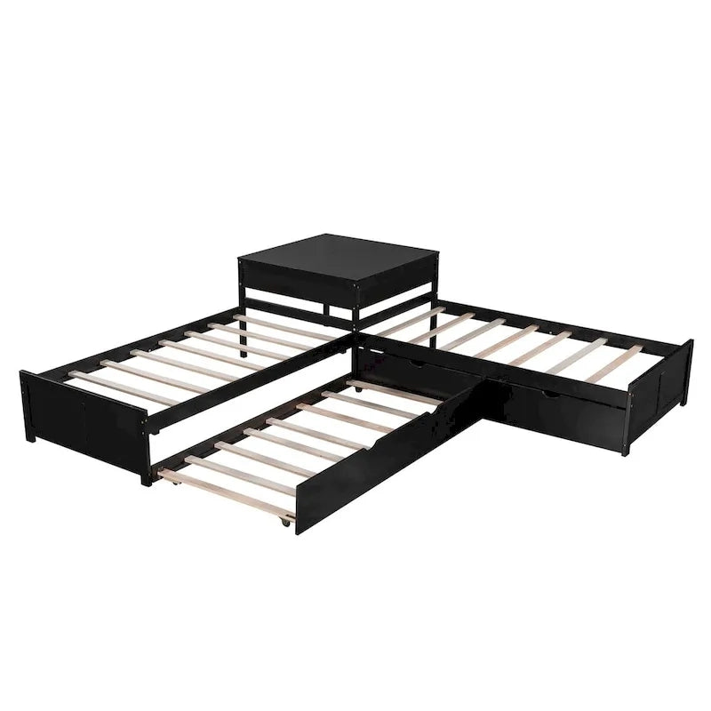 L-shaped Platform Bed with Trundle and Drawers Linked with built-in Desk,Twin