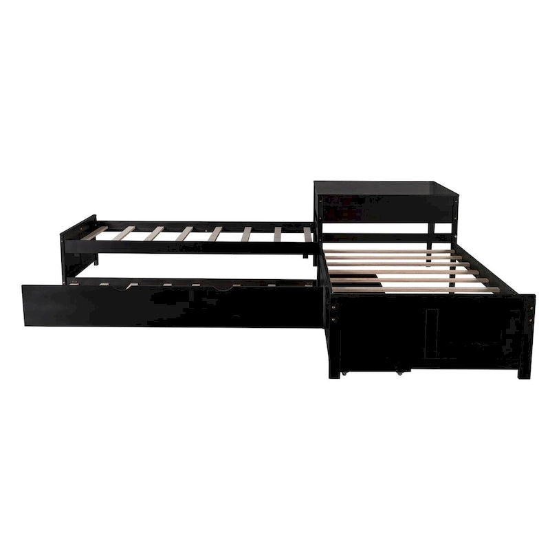 L-shaped Platform Bed with Trundle and Drawers Linked with built-in Desk,Twin