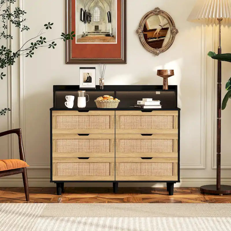 43.316-Drawers Rattan Storage Cabinet Rattan Drawer with LED Lights and Power Outlet,for Bedroom,Living Room