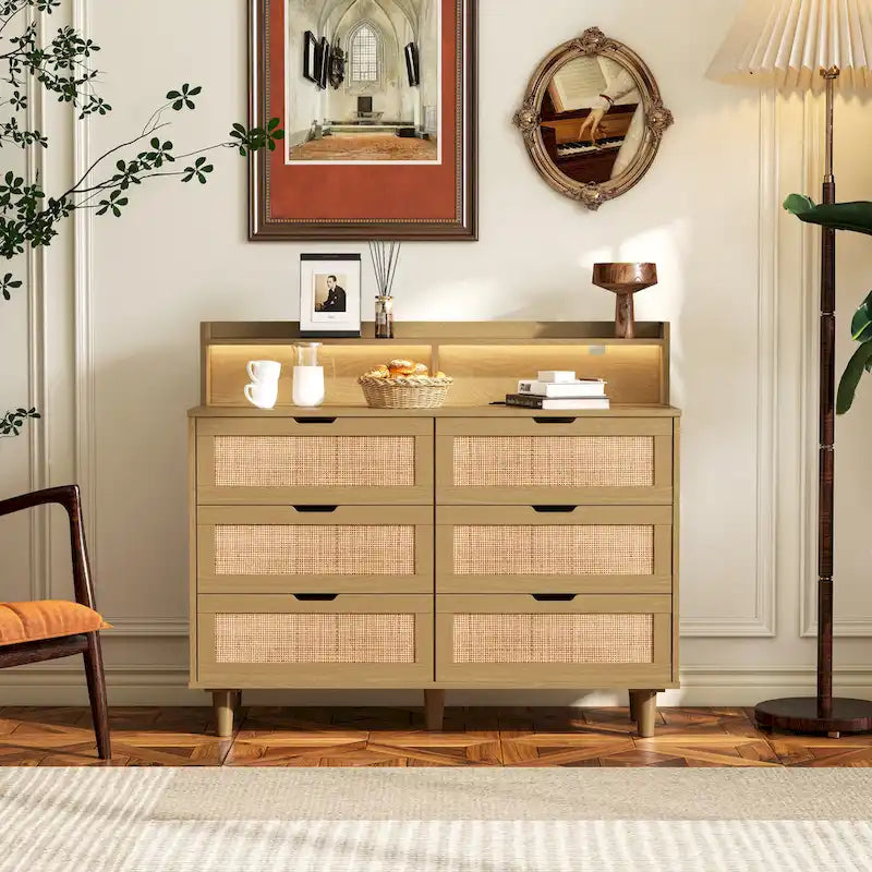 43.316-Drawers Rattan Storage Cabinet Rattan Drawer with LED Lights and Power Outlet,for Bedroom,Living Room