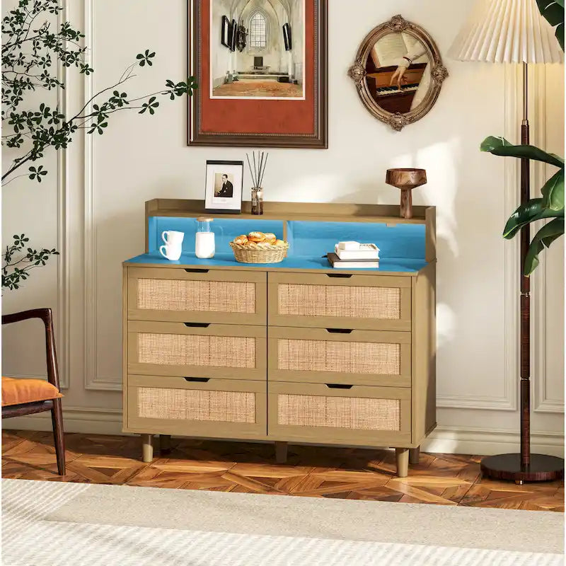 43.316-Drawers Rattan Storage Cabinet Rattan Drawer with LED Lights and Power Outlet,for Bedroom,Living Room