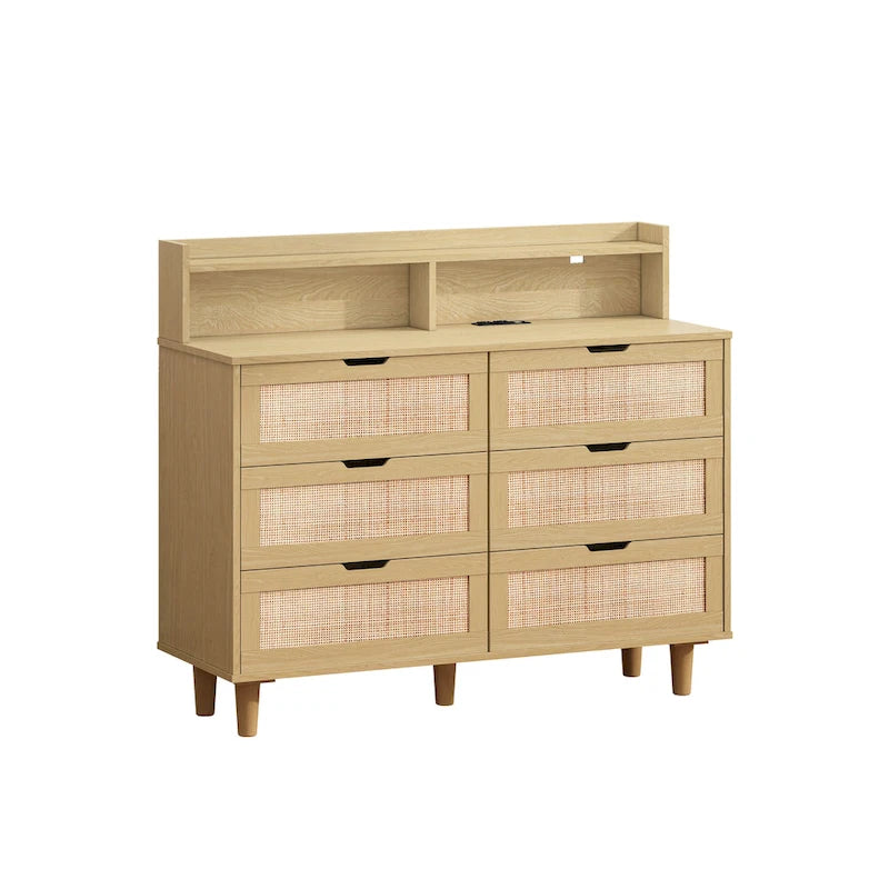 43.316-Drawers Rattan Storage Cabinet Rattan Drawer with LED Lights and Power Outlet,for Bedroom,Living Room