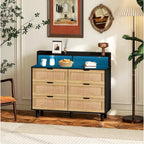 43.316-Drawers Rattan Storage Cabinet Rattan Drawer with LED Lights and Power Outlet,for Bedroom,Living Room