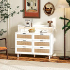 43.316-Drawers Rattan Storage Cabinet Rattan Drawer with LED Lights and Power Outlet,for Bedroom,Living Room