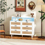 43.316-Drawers Rattan Storage Cabinet Rattan Drawer with LED Lights and Power Outlet,for Bedroom,Living Room