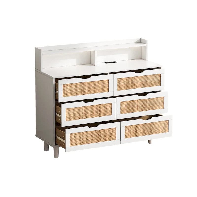 43.316-Drawers Rattan Storage Cabinet Rattan Drawer with LED Lights and Power Outlet,for Bedroom,Living Room